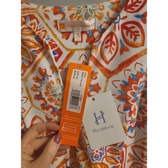 Jude Connally mosaic tile coral blue flare sleeve dress sz medium pockets new - Picture 3 of 8